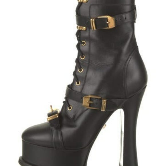 Versace Black Leather Gold Buckle Platform Boots - Gorgeous and Hot! - Picture 1 of 7